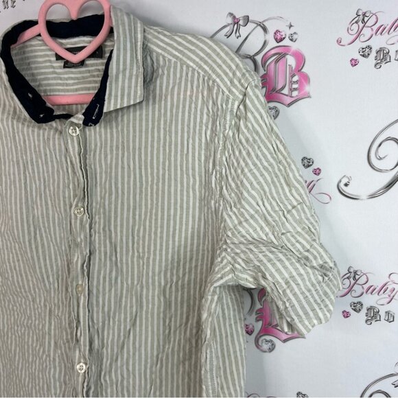 French Connection tshirt tee Striped Gray beige Button Down Shirt black - Picture 3 of 11